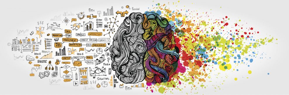 Left right human brain concept. Creative part and logic part with social and business doodle